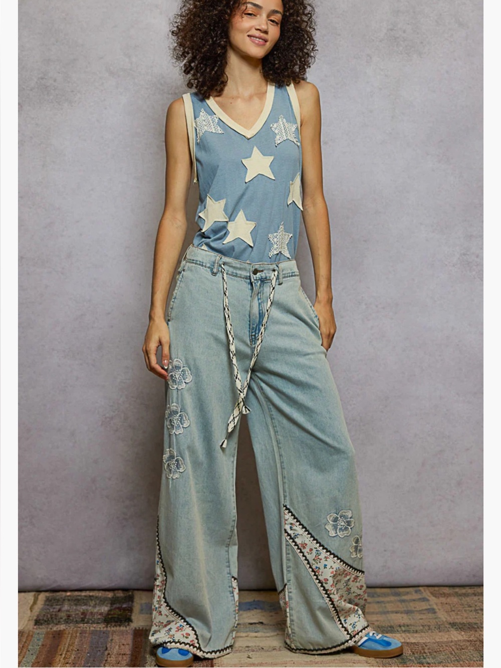New: POL Floral Embroidered Boho Denim Patchwork Wide Leg Pants• Medium